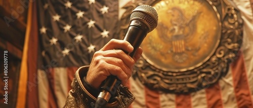 A man holding a microphone in front of the American flag, symbolizing political commentary and expression © ธนากร บัวพรหม