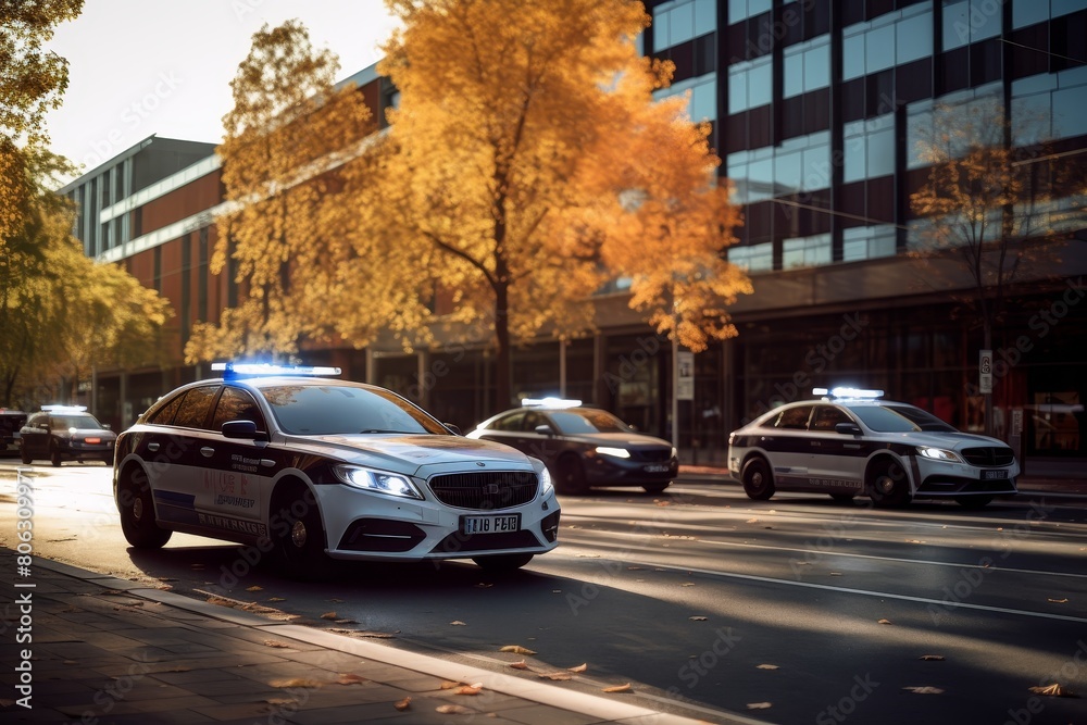 The Hustle and Bustle of a City Police Station with Multiple Patrol Cars Lined Up The Hustle and Bustle of a City Police Station with Multiple Patrol Cars Lined Up