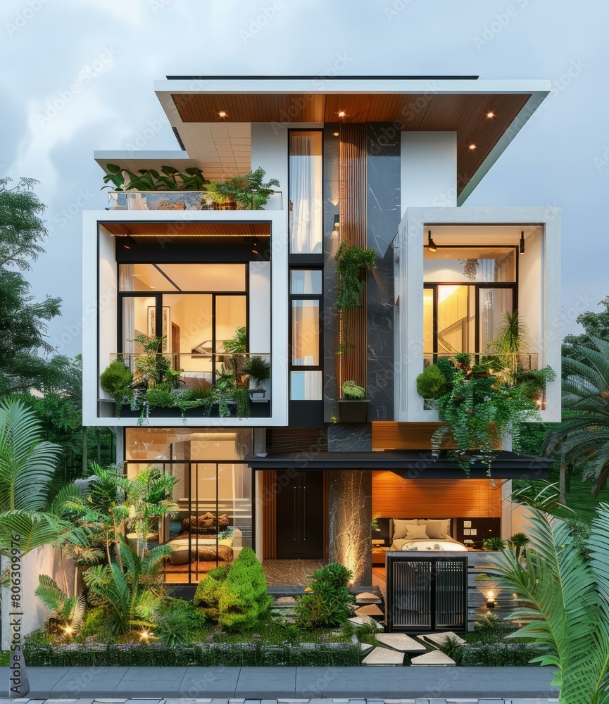 A Stunning 3-Story Modern House with a Tropical Garden A Stunning 3-Story Modern House with a Tropical Garden