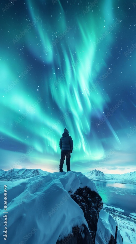 Man standing on a snowy mountaintop admiring the aurora borealis