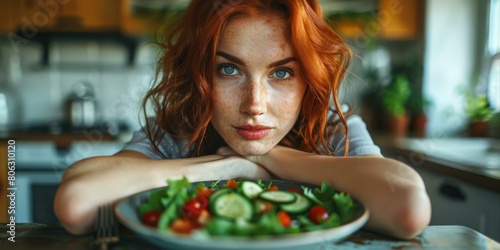 redhead woman leaning on table with salad photo