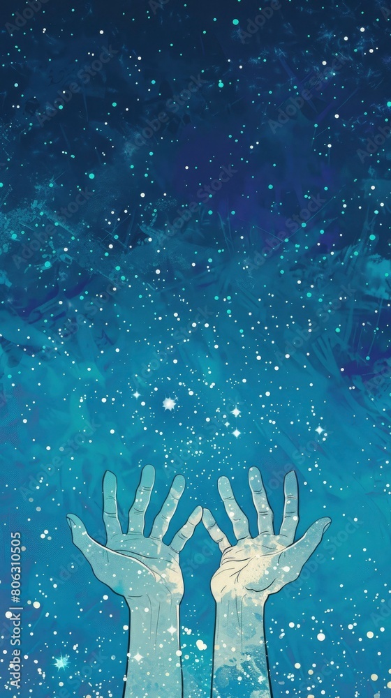 A pair of hands reaching towards the starry night sky. A pair of hands reaching towards the starry night sky.