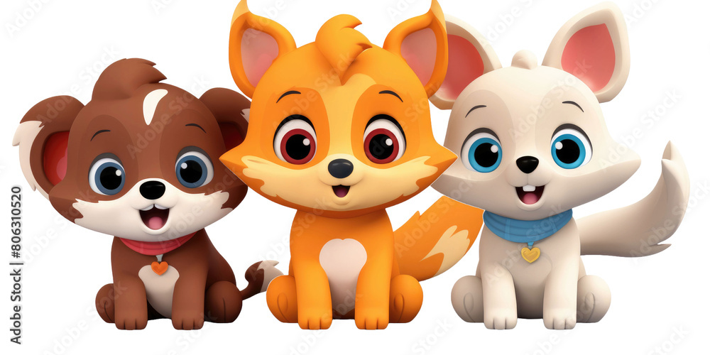 set of 3 cartoon animal toys characters isolated on a transparent background set of 3 cartoon animal toys characters isolated on a transparent background