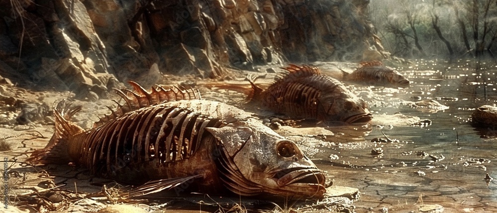 Illustrate habitat destruction with an eerie depiction of fish ...