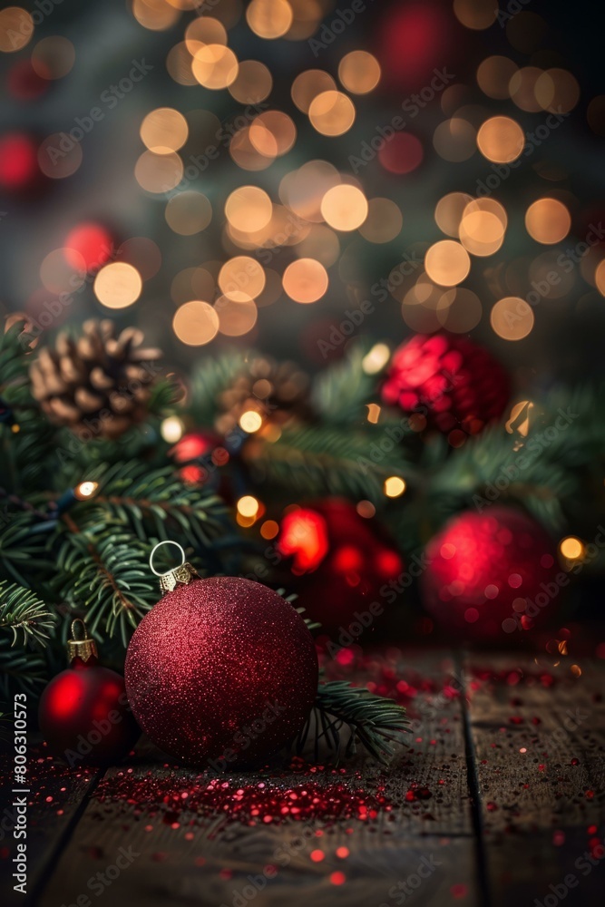 Obraz premium Red and green Christmas ornaments on a wooden table