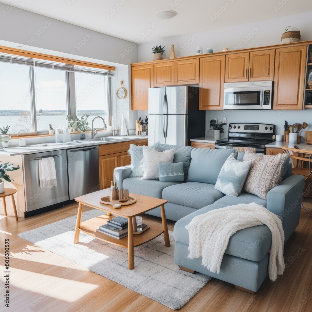 Fototapeta premium A beautiful living room with a large couch and a view of the water