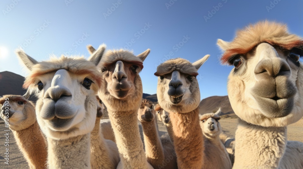 Obraz premium A group of alpacas looking at the camera