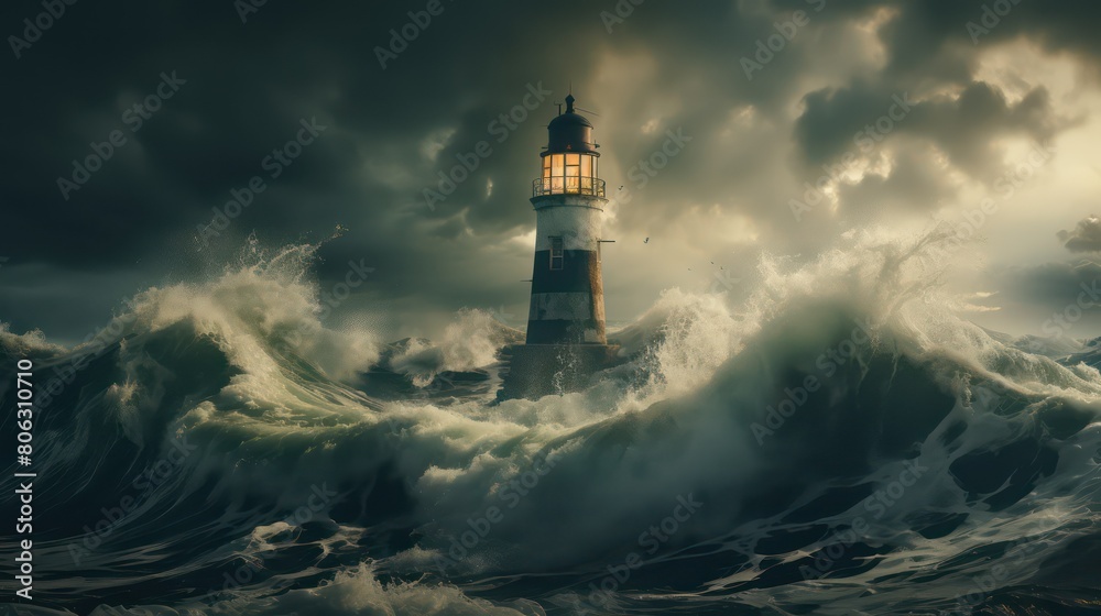 Lighthouse in stormy sea.