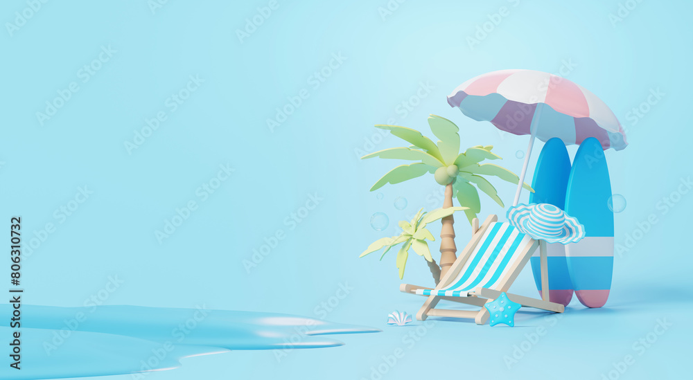 Beach scene with a blue ocean, coconut trees, and empty beach chair. 3D render. Beach scene with a blue ocean, coconut trees, and empty beach chair. 3D render.