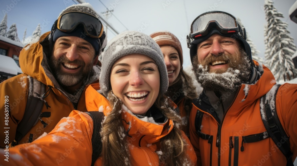 A group of friends skiing down a snowy mountain A group of friends skiing down a snowy mountain