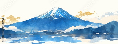 A simple illustration of Mount Fuji and the ocean in blue, with a white background and gold lines. Digital art in the traditional Japanese style, with simple graphic design and watercolor.