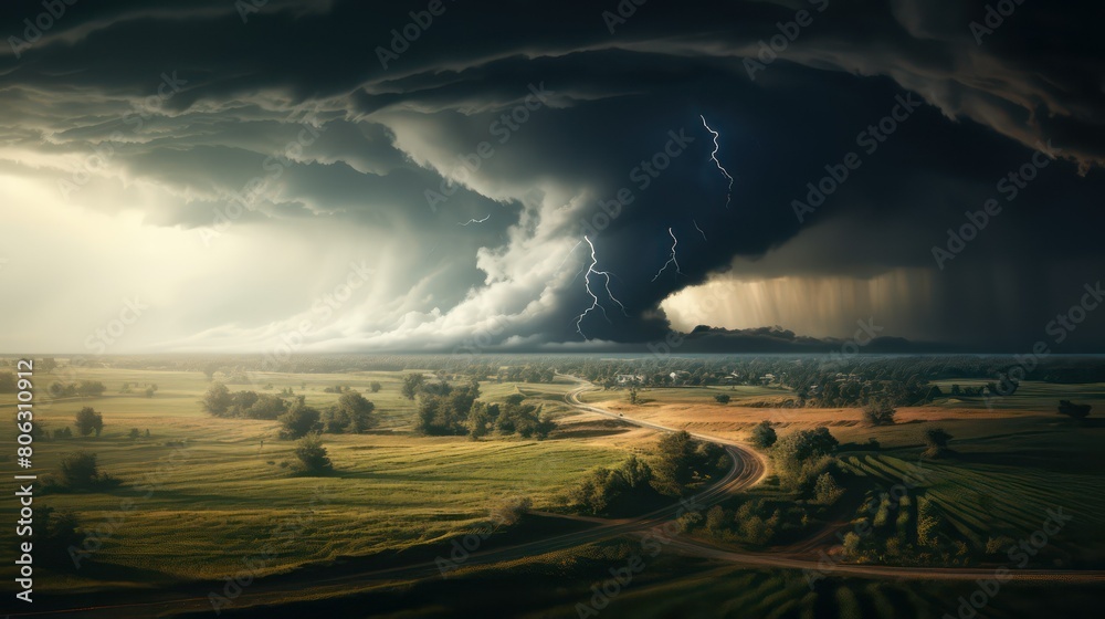 Stormy clouds over rural landscape and thunderstorm