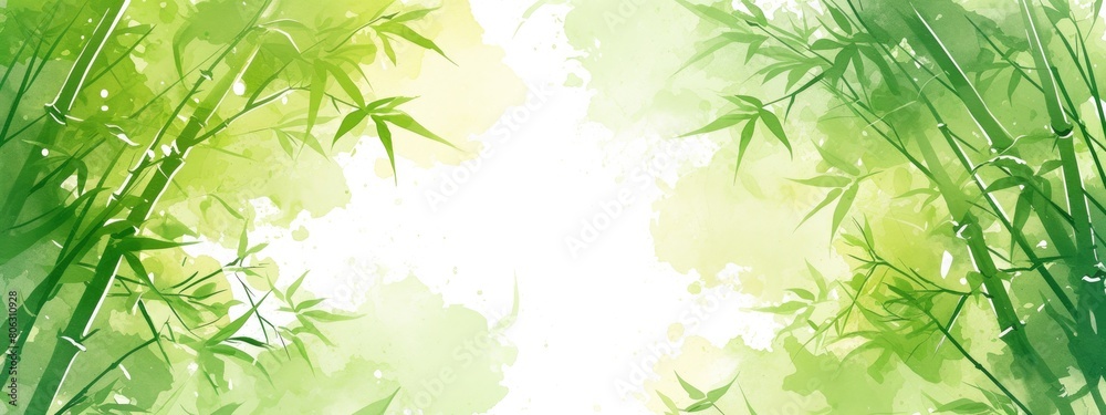 Obraz premium Abstract background with bamboo, green and yellow colors, Chinese art, green bamboo leaves, blurred light green landscape in the foreground, ink painting style, watercolor