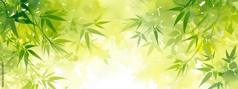 Obraz premium Abstract background with bamboo, green and yellow colors, Chinese art, green bamboo leaves, blurred light green landscape in the foreground, ink painting style, watercolor