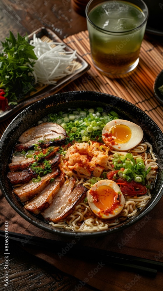 A delicious bowl of ramen with pork, egg, and vegetables A delicious bowl of ramen with pork, egg, and vegetables