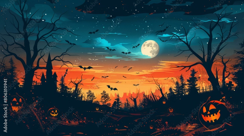 A spooky Halloween night with a full moon and bats flying in the dark sky