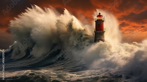 Stormy sea with lighthouse Nature background