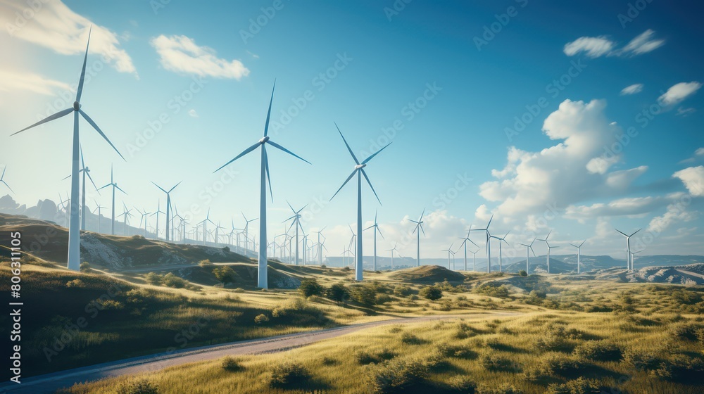 Wind turbines on the hillside with road in the background