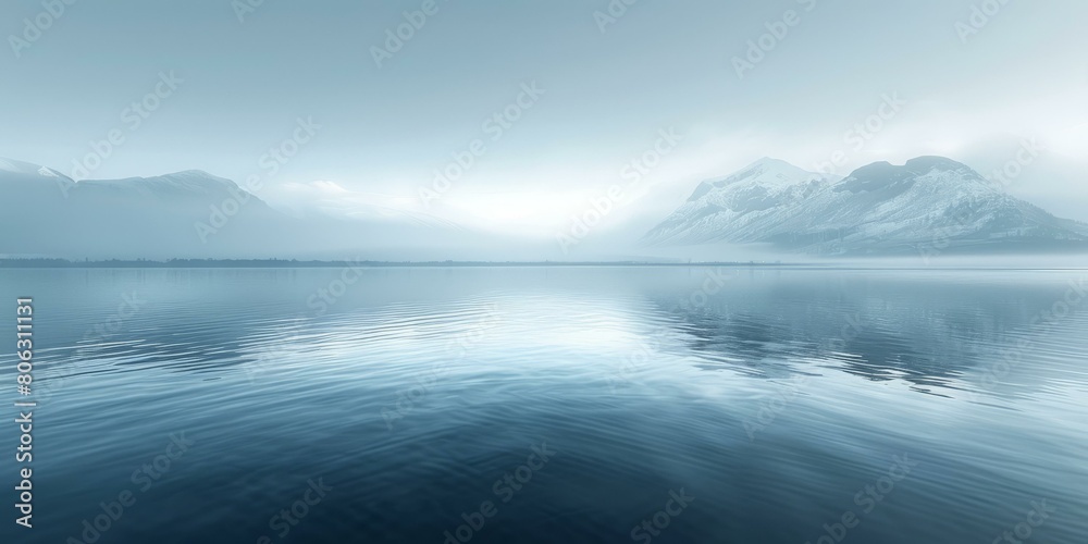 Tranquil mountain lake landscape with snow capped mountains in the distance