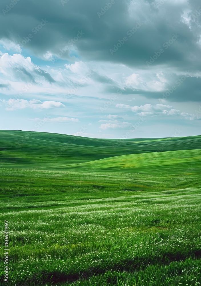 Fototapeta premium Green rolling hills under cloudy sky