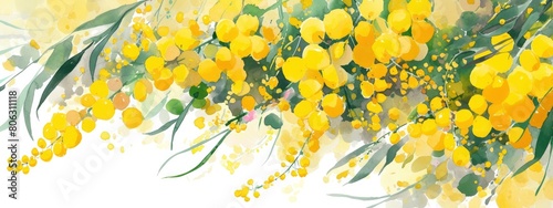 Abstract yellow mimosa pattern border frame on white background, Watercolor style.