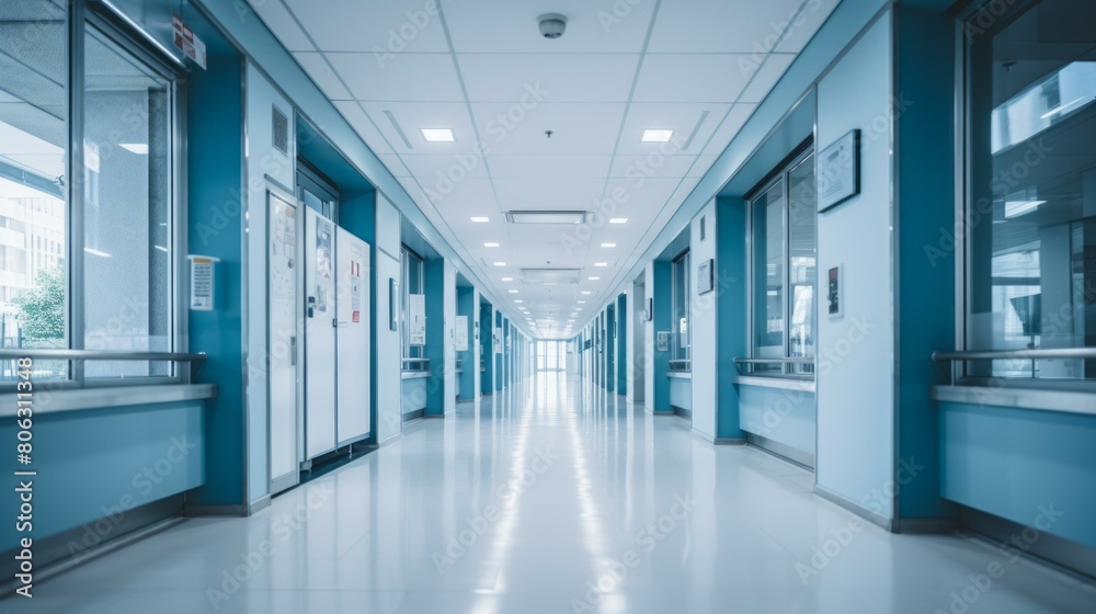 An Empty Hospital hallway with blue walls and white doors