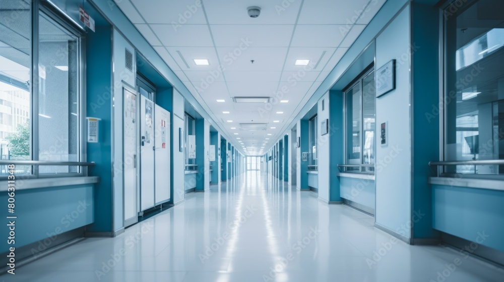 An Empty Hospital hallway with blue walls and white doors An Empty Hospital hallway with blue walls and white doors
