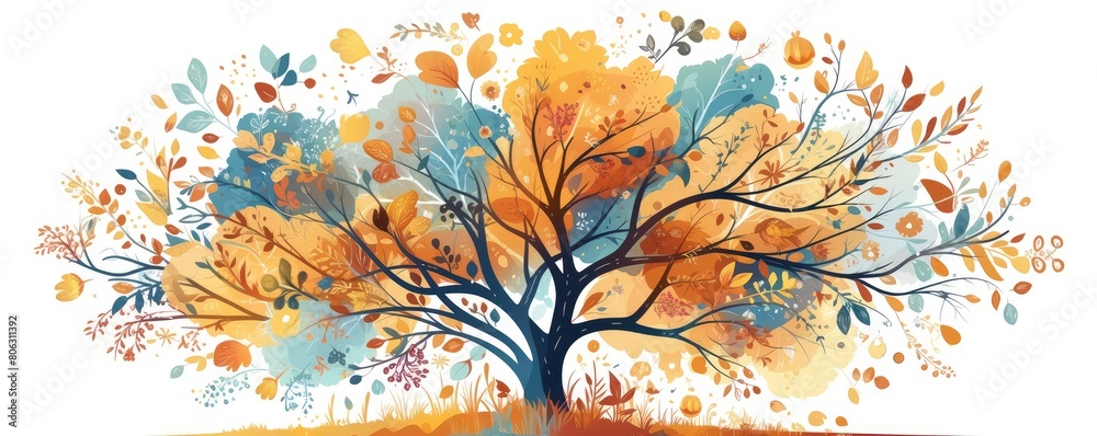 Colorful tree with branches made of dots illustration on a white background, autumn concept.
