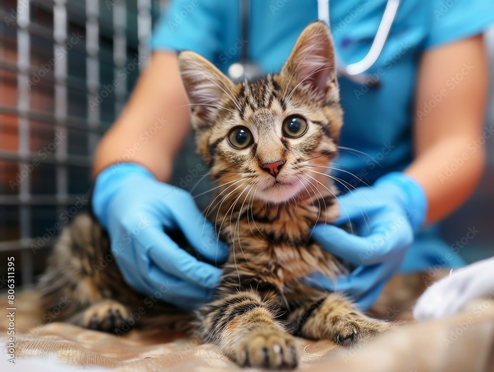 Naklejka premium A veterinarian examines a tabby kitten