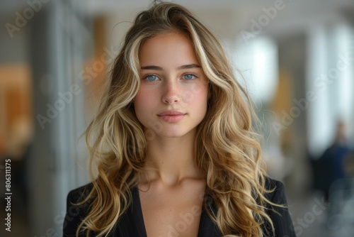 Portrait of a beautiful young woman with long blonde hair wearing a black suit