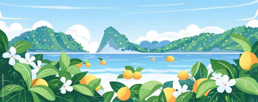 Flat illustration of lemons and flowers on an island, with a blue sky, white clouds, the sea in front, and green mountains behind.