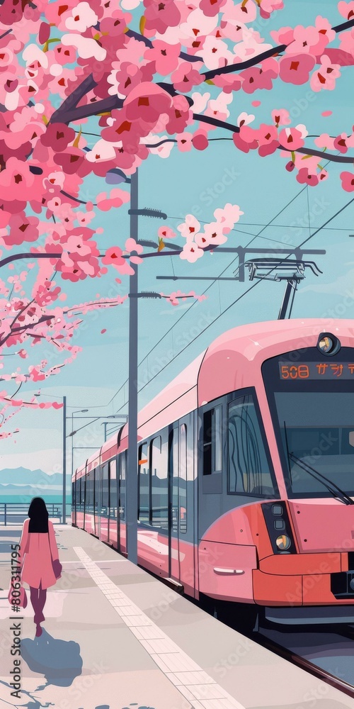 Obraz premium A pink tram passing through a cherry blossom forest