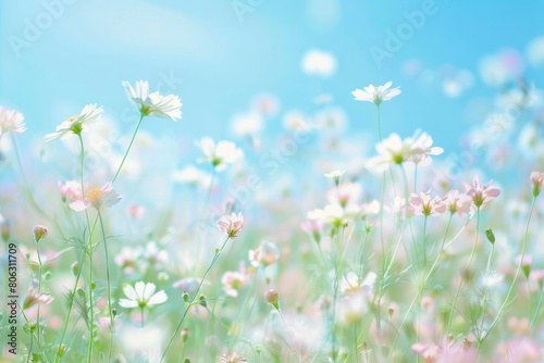 Field with white flowers under the blue sky.