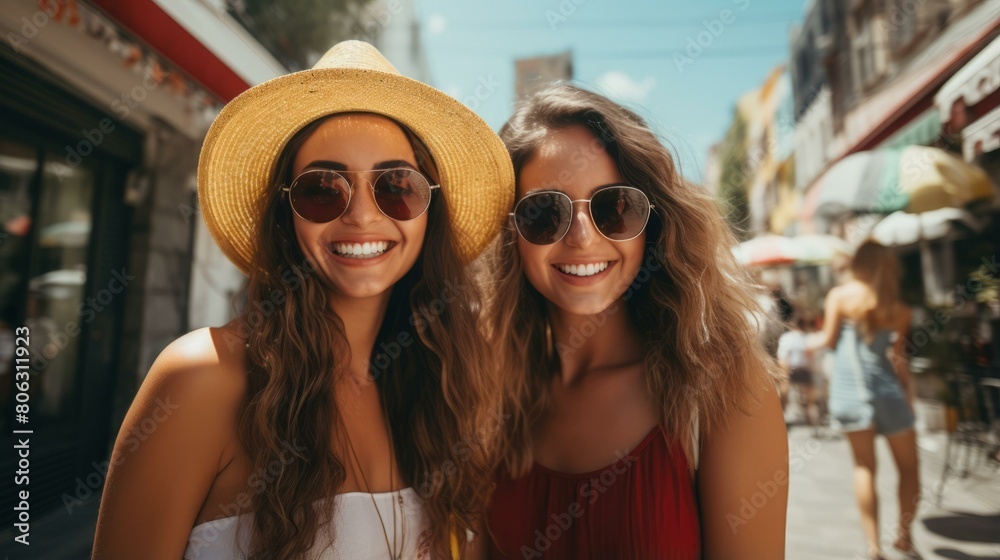 Two young women smiling and walking down a street Two young women smiling and walking down a street