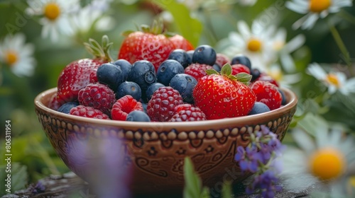 A bowl of blueberries  raspberries  and strawberries with a blurred background of flowers.