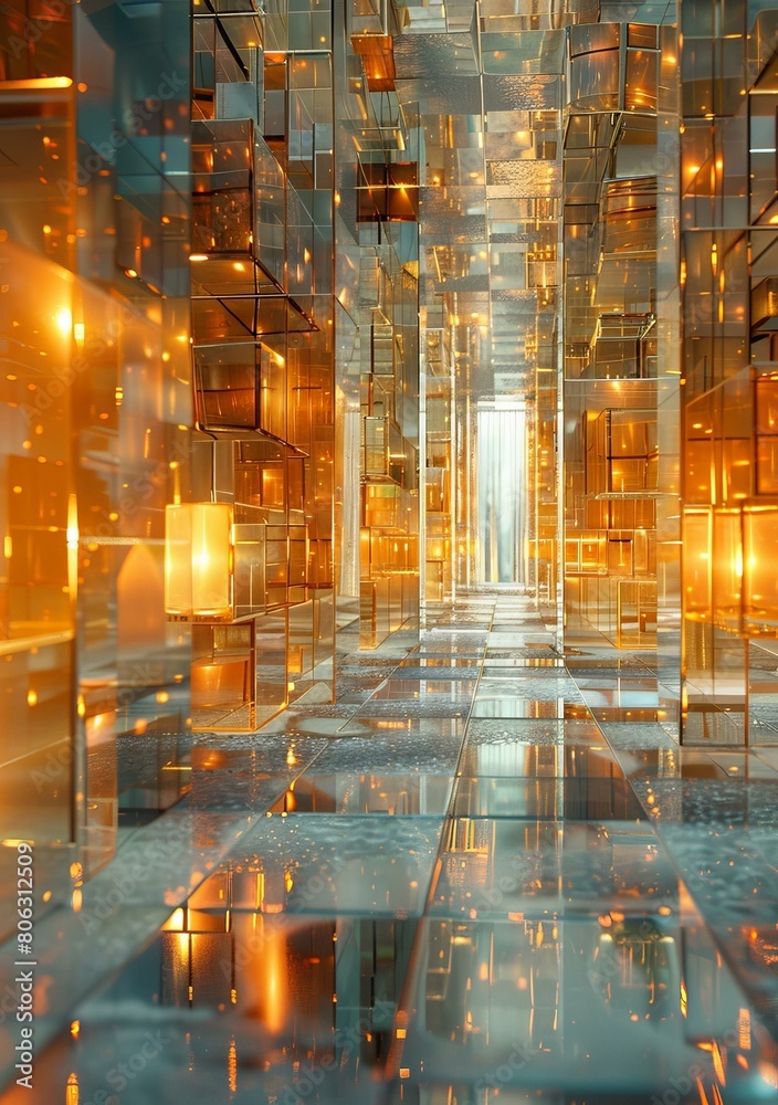 Naklejka premium Futuristic glass tunnel with glowing orange lights