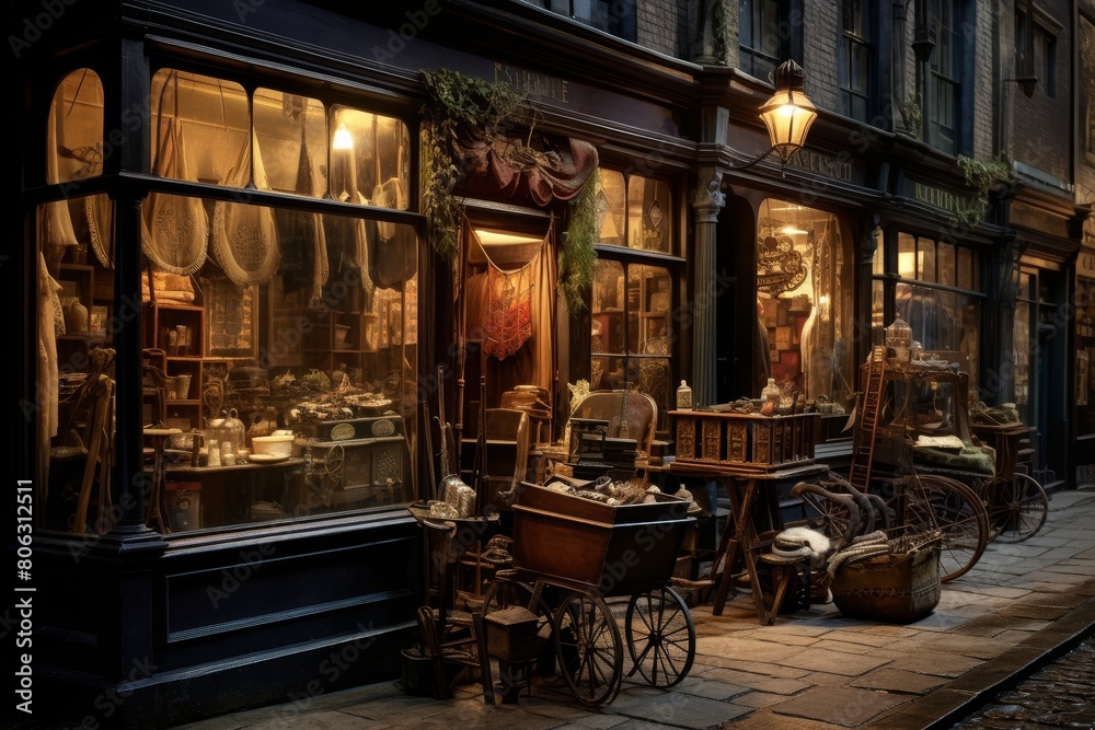 An Old-Fashioned Tailor Shop Nestled on a Historic Cobbled Street under the Soft Light of a Gas Lamp