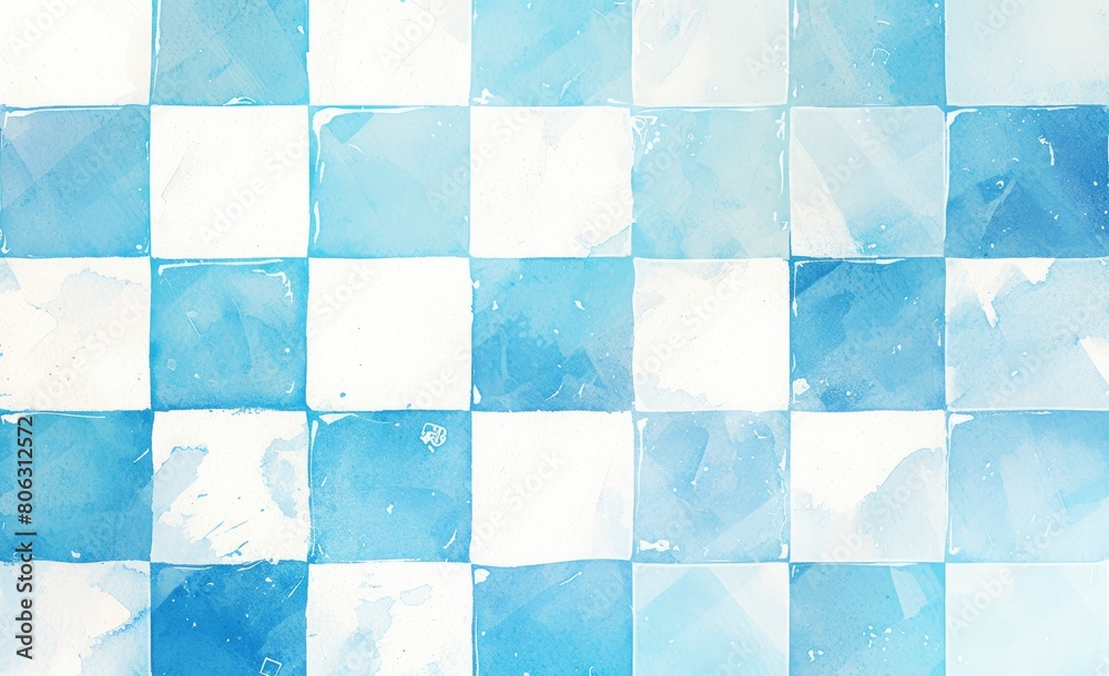 Watercolor checkered background with blue and white squares