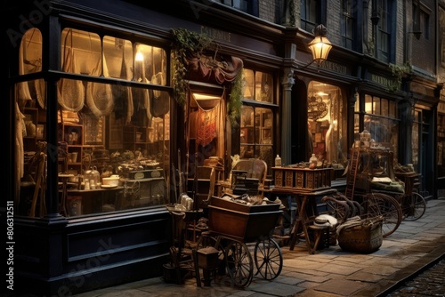 An Old-Fashioned Tailor Shop Nestled on a Historic Cobbled Street under the Soft Light of a Gas Lamp photo