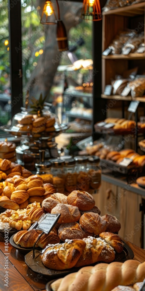 Freshly baked pastries and breads on display at a bakery Freshly baked pastries and breads on display at a bakery