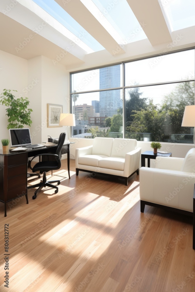 Fototapeta premium A modern office with a large window and a skylight