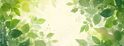 Watercolor spring green leaves background