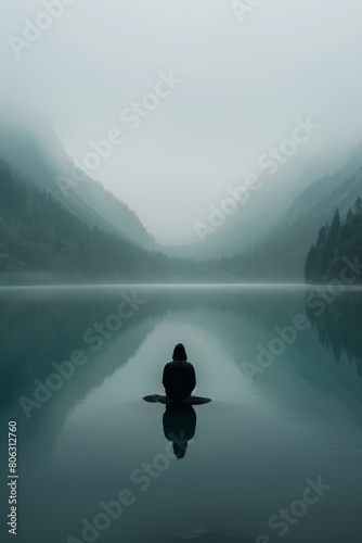 Man sitting on a rock in the middle of a lake with mountains in the background