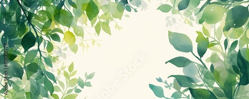 Watercolor spring green leaves background