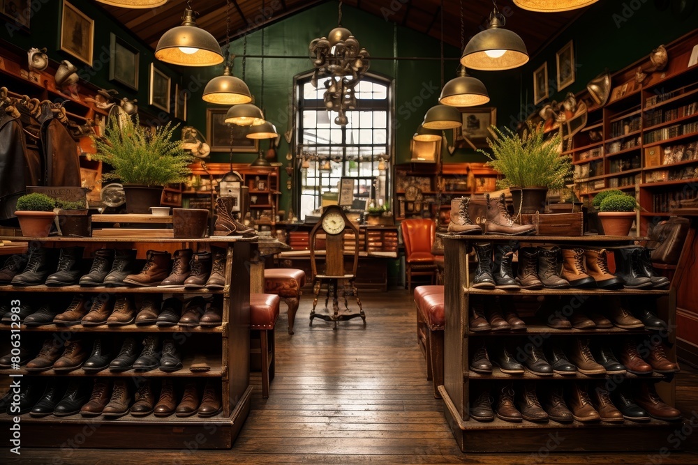 Step into the Past: An Old-fashioned Shoe Store with Classic Leather Footwear and Antique Wooden Displays