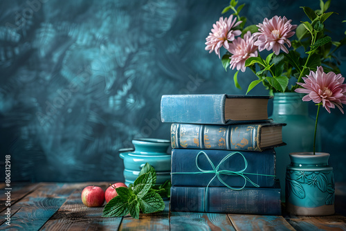 Festive back to school or happy teachers day concept with copy space. Teacher or student school books and flowers, educational background on wooden table.