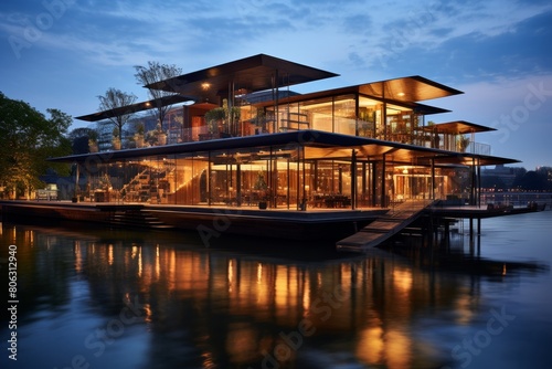 An Enchanting Evening View of a Floating Restaurant on a Calm River under the Warm Sunset photo