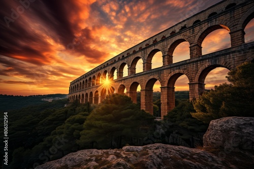 The Grandeur of a Historic Roman Aqueduct Nestled in a Lush Valley Bathed in Twilight's Glow