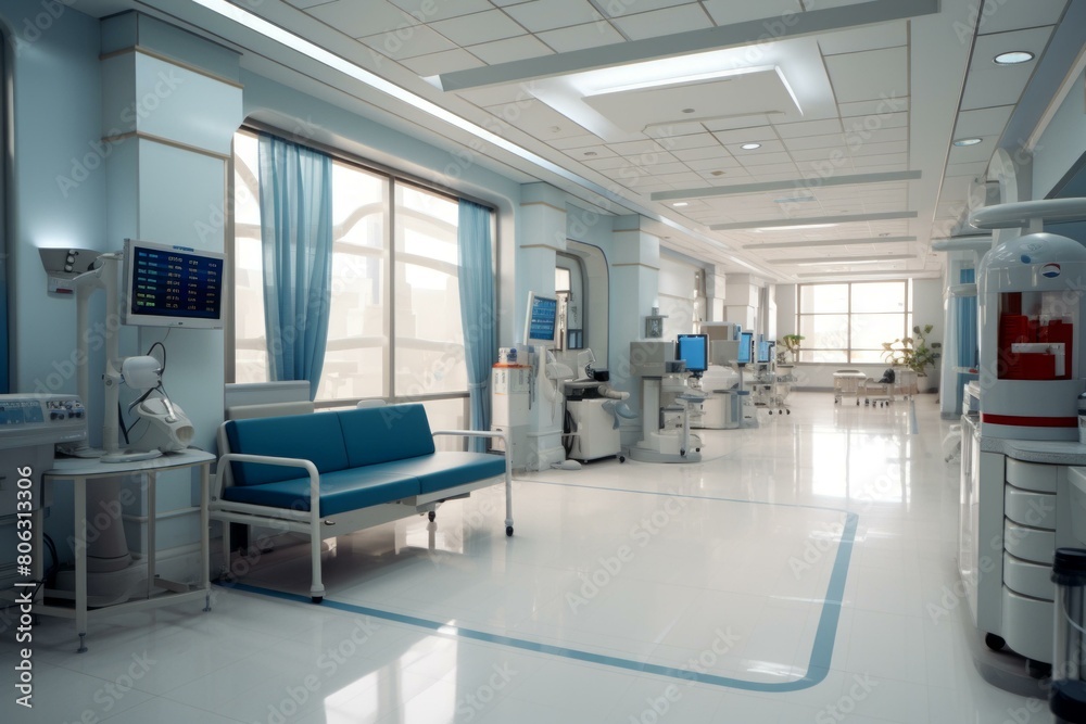 A hospital hallway with a blue couch and medical equipment A hospital hallway with a blue couch and medical equipment