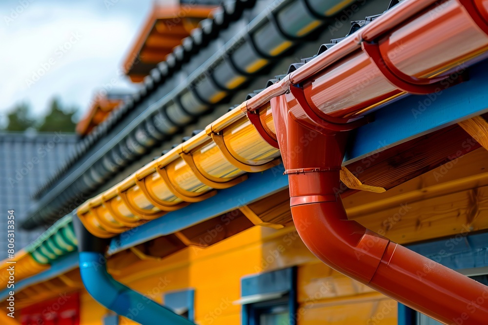 A colorful roof with pipes and a building. A colorful roof with pipes and a building.